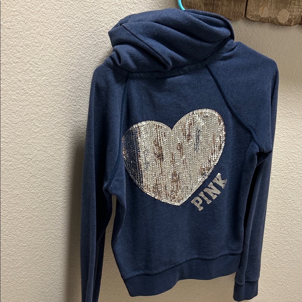 PINK Victoria's Secret Navy Hoodie with Gold Sequin Heart